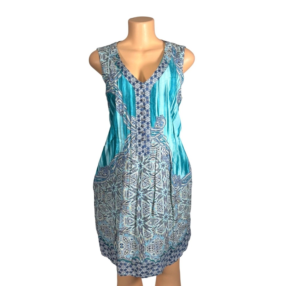 Rabbit Rabbit Rabbit Designs Teal Paisley Pleated V-Neck Shift Dress Womens 12